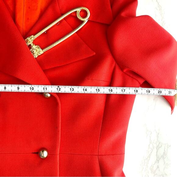 Vintage DEJAC PARIS Red Poplin Double Breasted Coat L + Betsey Johnson Pin - Picture 8 of 16